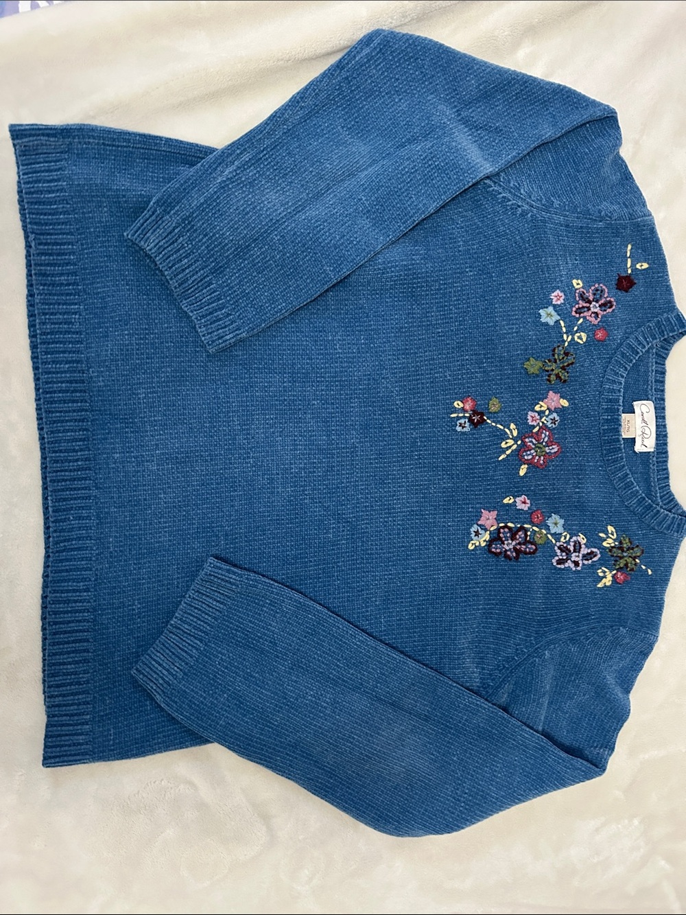 Carol Rose Blue Crewneck Sweater with Floral Embroidery